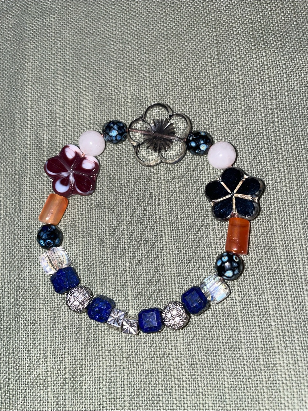 Handcrafted Black, Purple & Blue Floral Glass Bead Bracelet